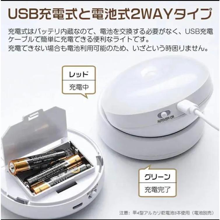 人感センサーライト 360度角度調整 室内 玄関 USB充電 乾電池