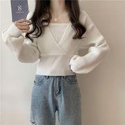 春と秋の新デザインファッションショート万能セーター  パフスリーブニットセーター