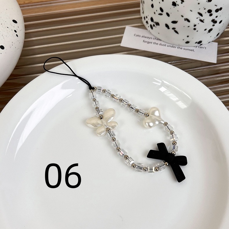 黒白 蝶 蝶結び ハートデザイン 携帯ストラップ 韓国流行 ビーズ