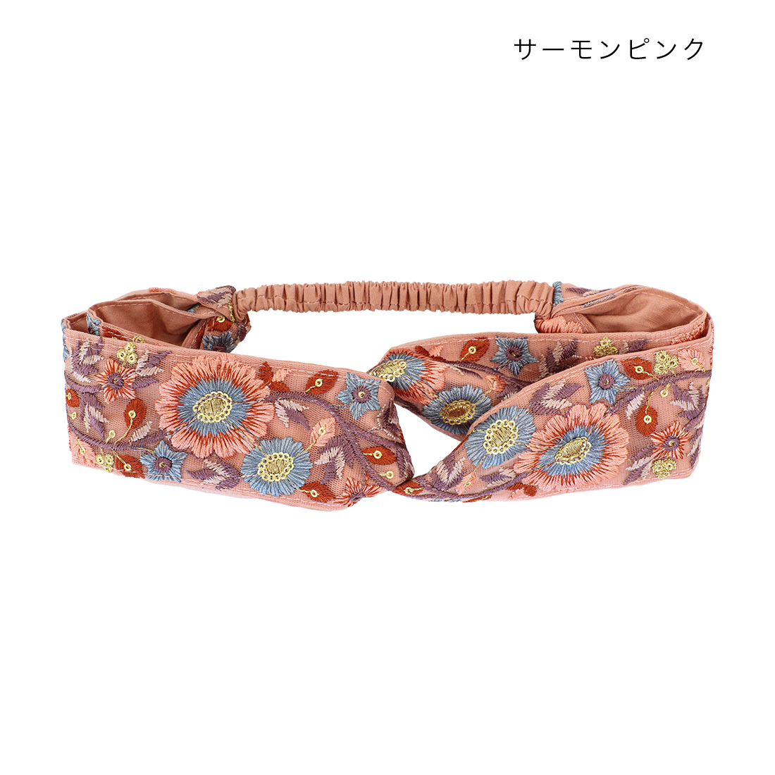 インド刺繍リボン ツイストヘアバンド[花柄サリー ヘアアクセ