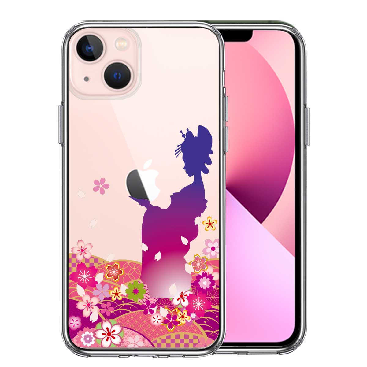 iPhone13 側面ソフト 背面ハード ハイブリッド クリア ケース 日本女性 着物少女 青紫