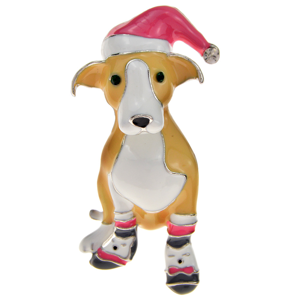 犬のブローチ、クリスマスの帽子、クリスマスブローチ、どうぶつブローチ、バッジ、かわいい