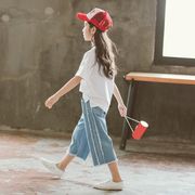 韓国子供服 ２点セット 白Tシャツ+ガウチョパンツ カジュアル ナチュラル 夏 デニムパンツ ジーンズ
