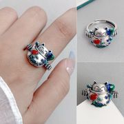 s925 純銀製　猫の指輪　フリーサイズのリング　七宝焼きのリング　幸運な猫　招き猫　ネコ　猫雑貨