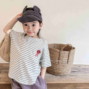 2024年韓国の子供服、夏の子供用ストライプ半袖、Tシャツの女の子、男の子のボトミングシャツ