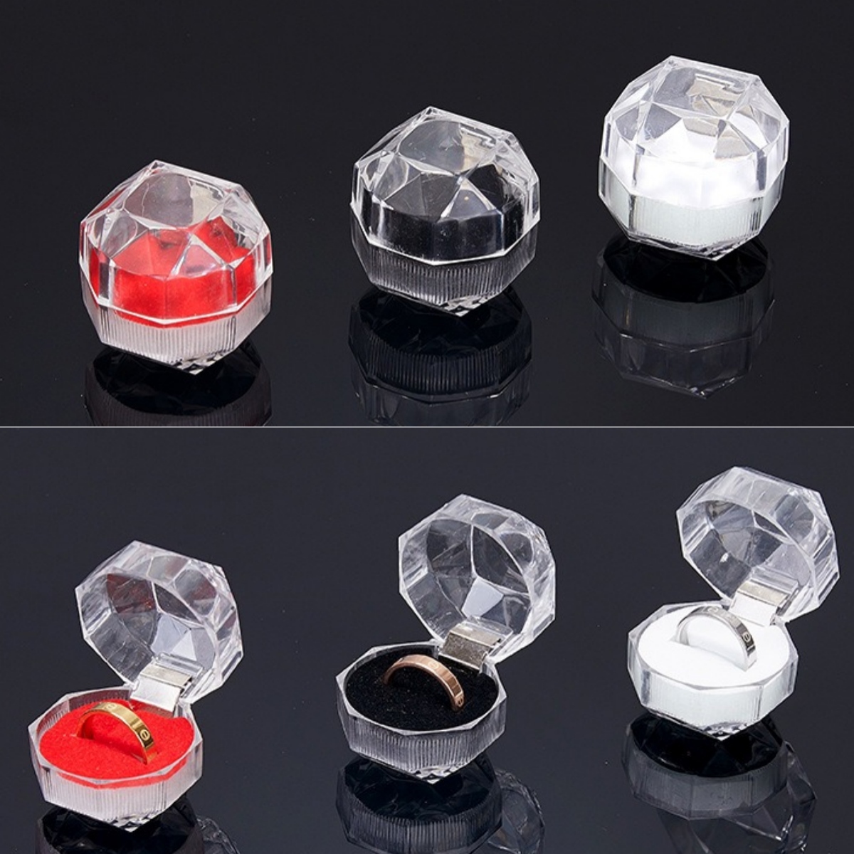 3色 透明 リングケース  アクセサリー  ジュエリー  指輪ギフトボックス  防塵  収納ボックス  4x4x3.8cm