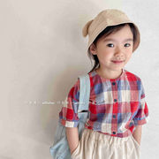 2024年韓国子供服、女の子用シャツ、女の子用格子縞の夏服、リネンと綿の半袖、男の子用シャツ