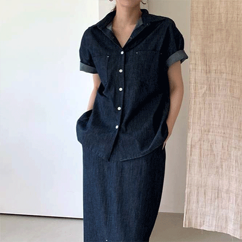 【2024夏新作】韓国風レディース服 デニム調 半袖シャツ&スカート セットアップ ゆったり きれいめ
