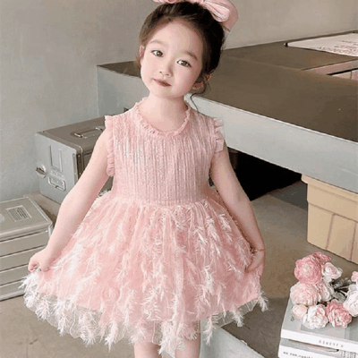 韓国風子供服 3-8歳ガール シフトドレス チュールスカート 羽 重ね着風スカート ワンピース ワンピ 5-13