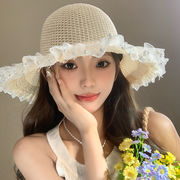 麦わら帽子　帽子　韓国ファッション　紫外線対策　レース　パール　春夏
