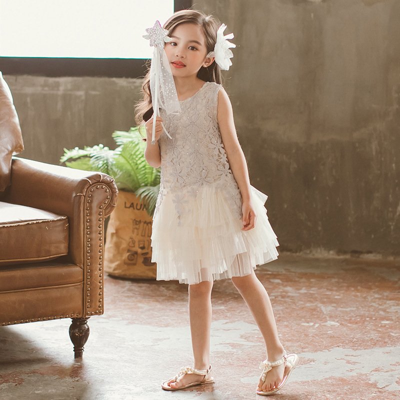 韓国子供服 ワンピース 夏 子供ドレス 膝丈 レースワンピース チュールスカート ノースリーブ 女の子