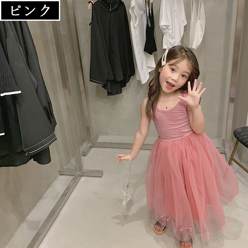 韓国子供服 ワンピース サロペット 夏 子供ドレス ノースリーブ 綿 チュールスカート Aライン