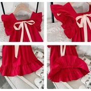 韓国版女の子ワンピース2024夏服女の子洋風飛袖方襟リボン女性赤ちゃんプリンセススカート