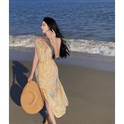 サンセットレッドグローブレンドvネックサスペンダー花柄ドレス夏フランス海辺の休暇ロングスカート7887#ス