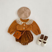 ins 秋冬新作　ベビー服　セットアップ　ワッフルシャツ　パンプキンパンツ　チュール襟　可愛い