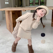 春新作　キッズ服　女の子　ニットワンピース　立ち襟　無地　可愛い　おしゃれ　フリル　ワンピース