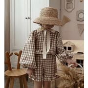ins 春新作　子供服　女の子　チェック柄　セットアップ　ブラウス　ハーフパンツ　可愛い　おしゃれ