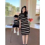 2024夏 韓国風子供服  親子服  ストライプ  半シャツ ノースリーブスカート ワンピース