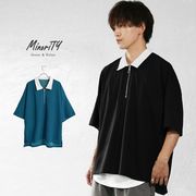 【ポロシャツ】襟切替え クレリック ハーフジップ ポロシャツ／MinoriTY