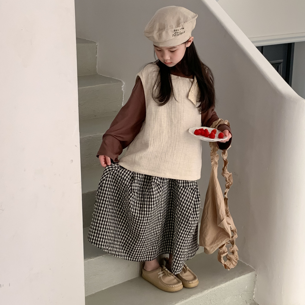 秋新作 韓国風子供服 ガールズ ロングスカート チェック柄