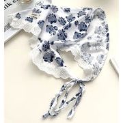 紫外線対策 ネック ヘッド用 レース付きフラワー柄 三角ロングスカーフ/ヘアリボン 　全4色　05450