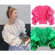 全4色 シャツ ブラウス ボリューム袖 フリル 切り替え 体型カバー 着痩せ sweet系