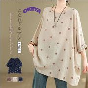 【2024年秋新作】レディス服　トップス　ブラウス　ゆったり　シャツ　ドルマンスリーブ　綿麻　3色展開