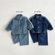 全2色[80-130cm]  子供デニム2点セット デニムジャケット+デニムパンツ セットアップ 秋冬 キッズ 子供服