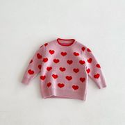 [80-130cm]  女の子 ラウンドネック ニットトップス セーター ハート入り 秋冬 キッズ 子供服