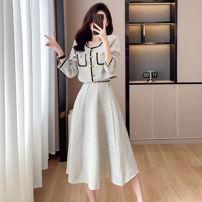 上下セット ジャケット スカート タック セットアップ 2点セット ショートアウター ミモレ丈スカート