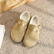 レディース 丸いつま先の靴 冬用裏起毛 保温レザー ハーフベルベット（緑色）