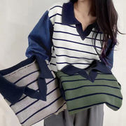 ポロカラーニットセーター ボーダー 秋冬