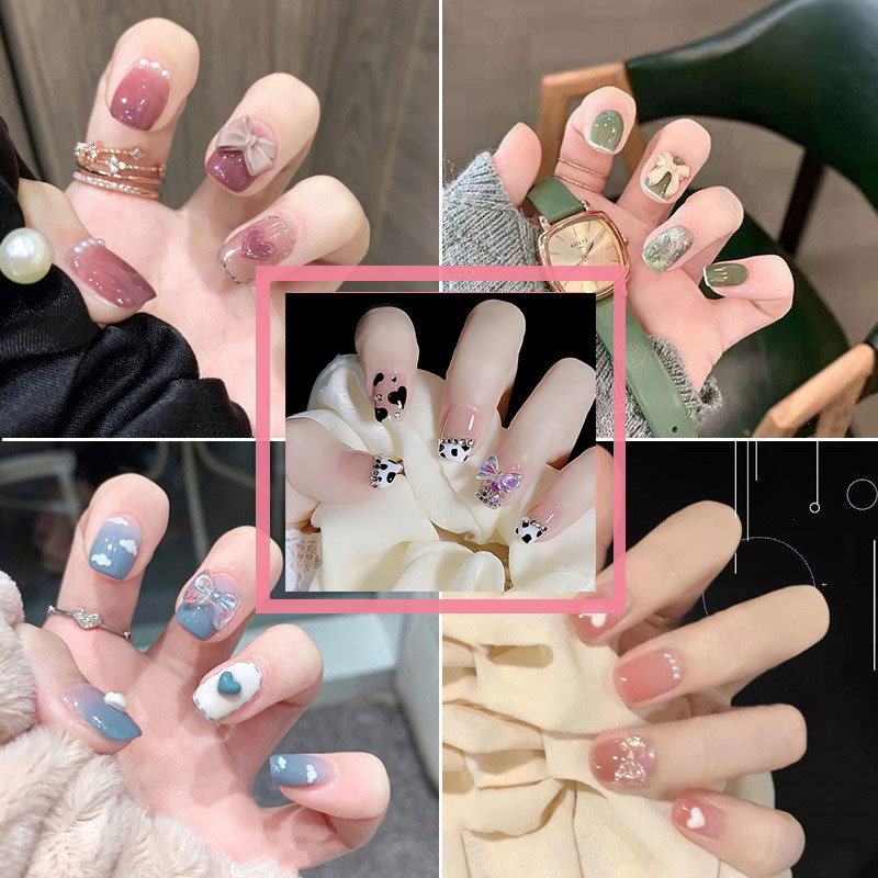 ネイルチップ 貼るだけ完成 ショート つけ爪 花 リボン 韓国 ネイル用両面テープ付き クリア ネイルシール
