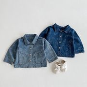 全2色[80-130cm]  女の子男の子 くま柄デニムジャケット 韓国風 ステンカラー アウター キッズ 子供服