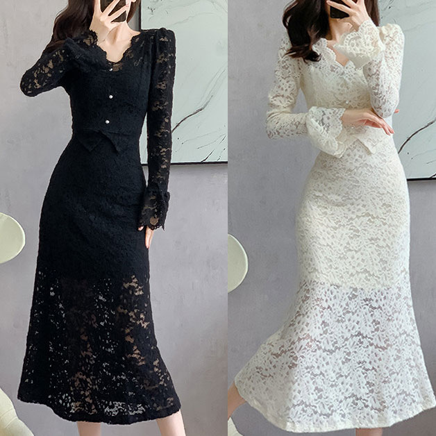 フォーマルドレス ミモレ丈 総レース フレア袖 長袖 結婚式 ワンピース パーティードレス 白 黒 紫 ロング