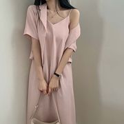 【夏新作】韓国風レディース服　夏　キャミワンピ&半袖ジャケット 2点セット きれいめ シンプル