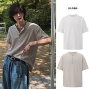 メンズ ヘンリーネック 半袖Tシャツ 夏用 ゆったり 韓国風トレンド 高級感 カジュアルトップス★全2色