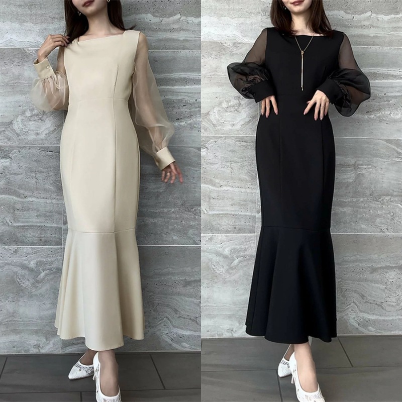 ワンピース レディース ロング丈ワンピース 長袖 ドレス 異素材 気質 きれいめ