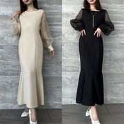 ワンピース レディース ロング丈ワンピース 長袖 ドレス 異素材 気質 きれいめ