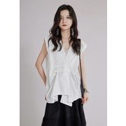 韓国大人気 デザイン 2025夏 新作 ノースリーブVネック ロングブラウス ストール加工 ゆったりシルエット