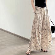 YUZ☆夏 水墨プリントワイドパンツ ハイウエスト細見えカジュアルロングパンツ