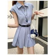 2025春夏新作 女 レディース ハイウエスト ボーダー柄 ミニ ワンピース ドレス 台型スカート