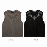 メンズ スエード素材 ノースリーブタンクトップ 刺繍入り Tシャツ ストリートカジュアル★全2色