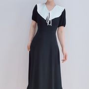 ベビーカラー襟付きスリム見せ ラグジュアリー風中長ワンピース JR