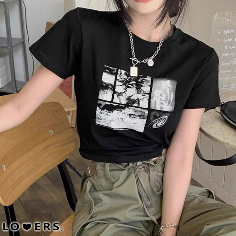 モノクロフォトプリント ショート丈 チビTシャツ ma 【即納】 レディース 韓国 プチプラ おしゃれ