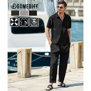 【2025年夏の新作】プリーツ スキッパーポロシャツ+ロングパンツ 2点セットアップ／SOMEDIFF