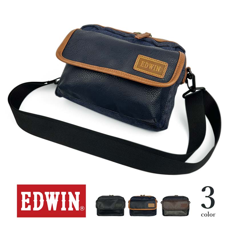 全3色 EDWIN エドウイン レザー×デニム フラップミニショルダーバッグ ポーチ
