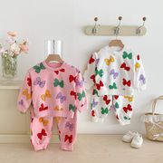 全2色[80-130cm] 子供 リボン柄プリント スウェットセットアッブ 上下セット トップス＆パンツ 男女兼用