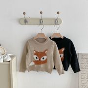 全2色[80-130cm] 子供 ふわふわアニマル刺繍入りニットセーター キツネ柄 長袖トップス セーター 男女兼用
