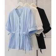 【日本倉庫即納】 ドロストシャツブラウス パール付夏服半袖